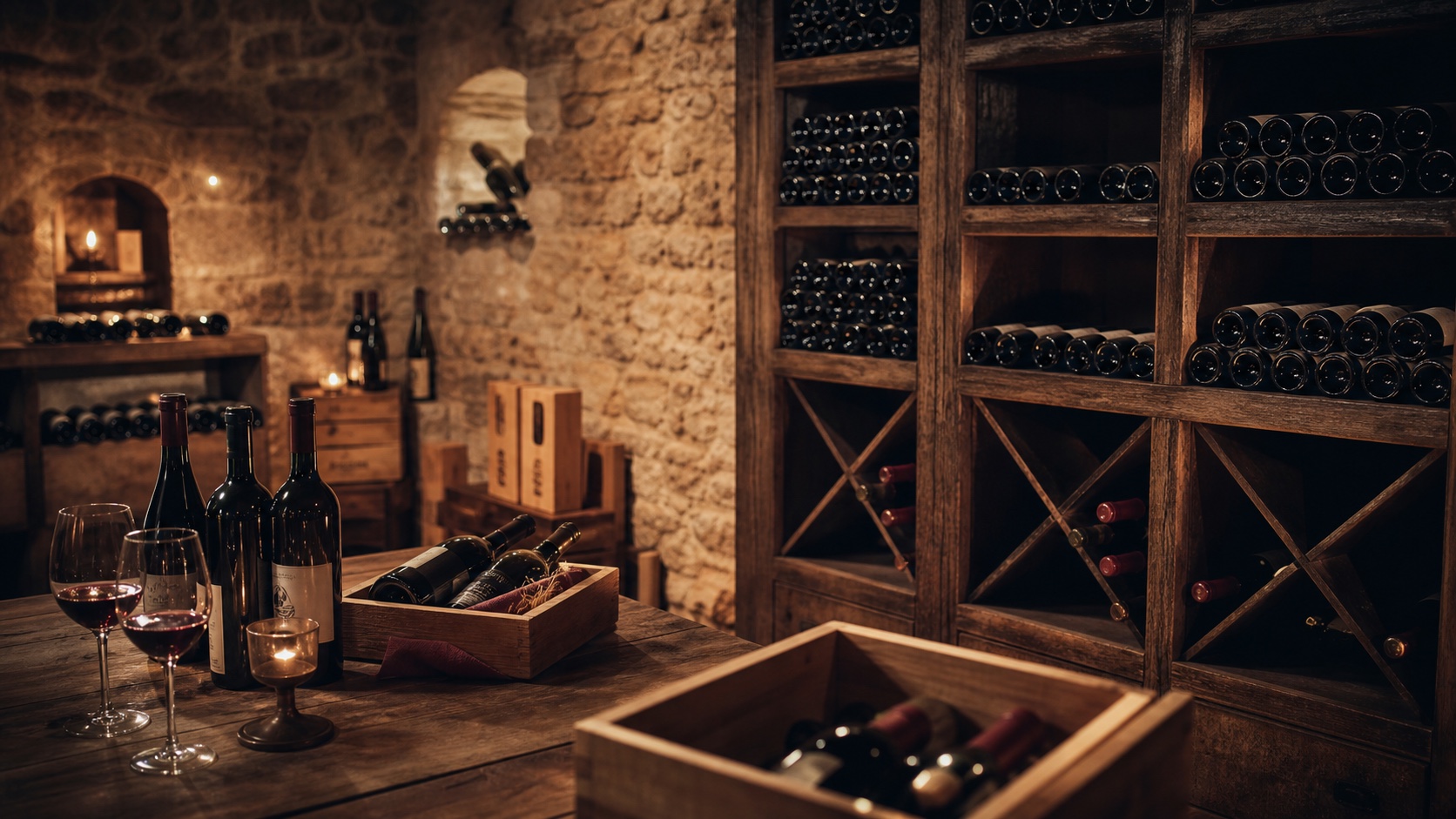 Cave à vins intimiste avec rangées de bouteilles