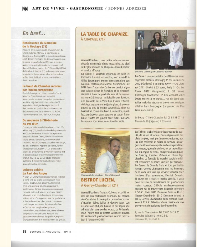 Article Bourgogne Aujourd'hui sur La Table de Chapaize