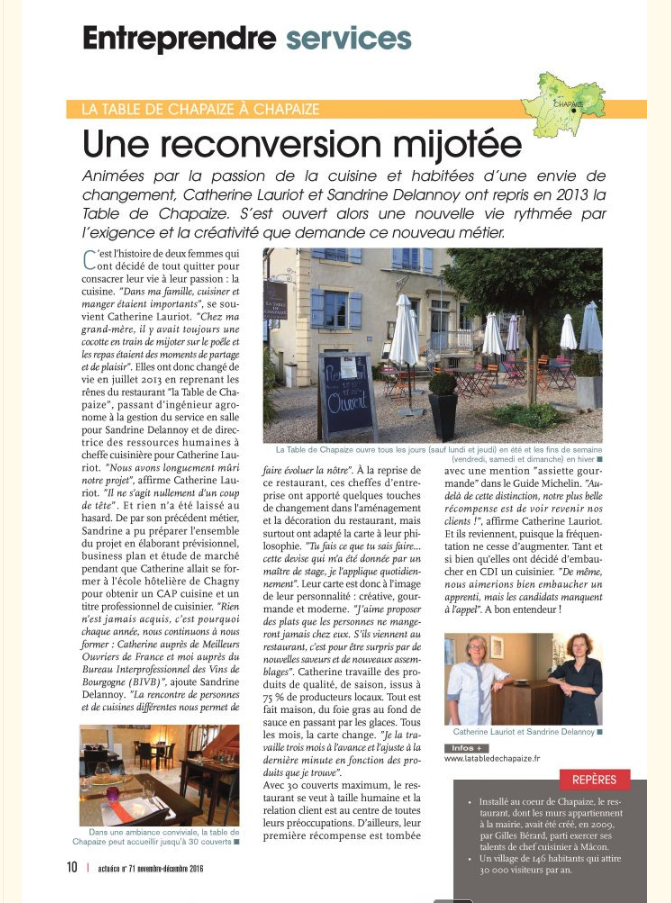 Article Entreprendre Services sur La Table de Chapaize