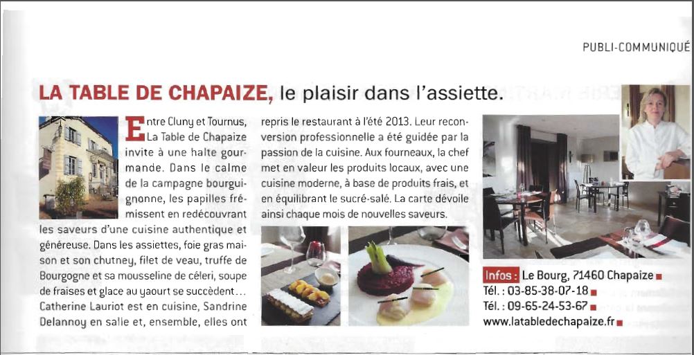 Article Gault & Millau Le plaisir dans l'assiette sur La Table de Chapaize