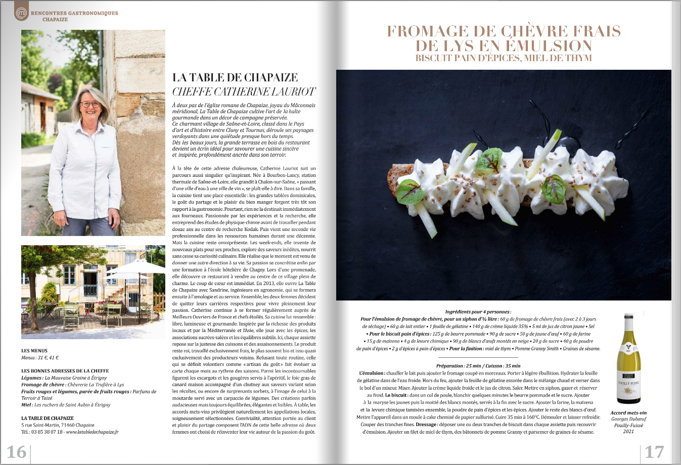 Article MasterChef consacré à Catherine Lauriot et La Table de Chapaize